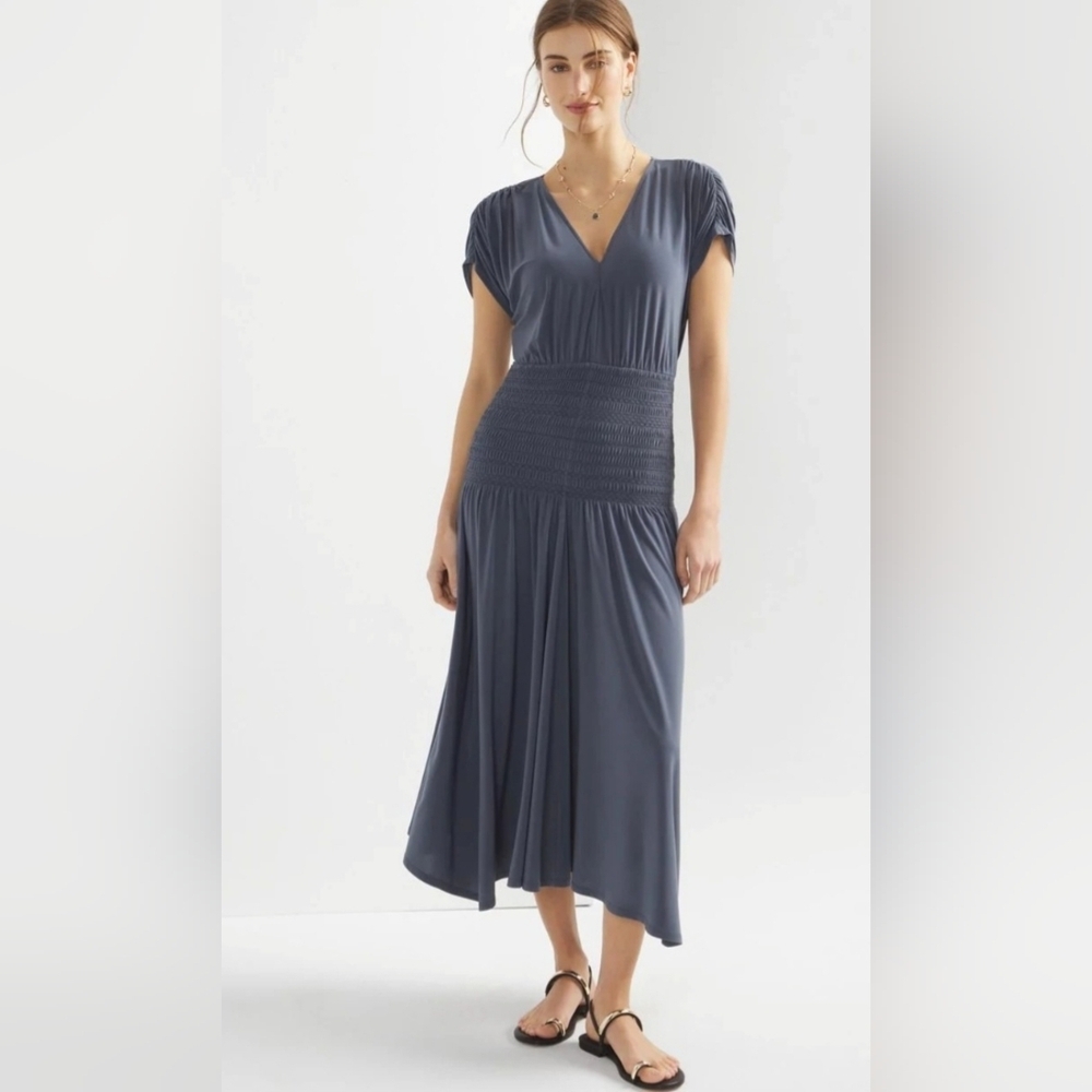 WHBM Indigo Blue Flowy Smocked Waist Asymmetric Hem Midi Dress‎ Sz:L